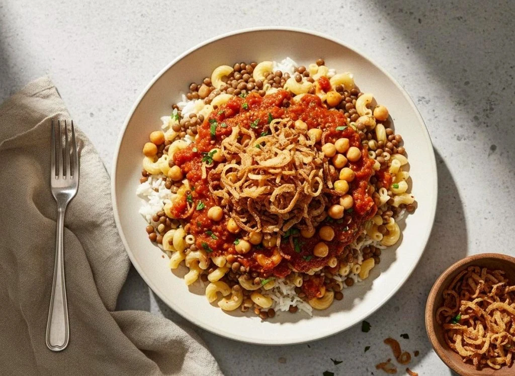 Bowl of Egyptian koshary topped with crispy onions at a food tour in Cairo